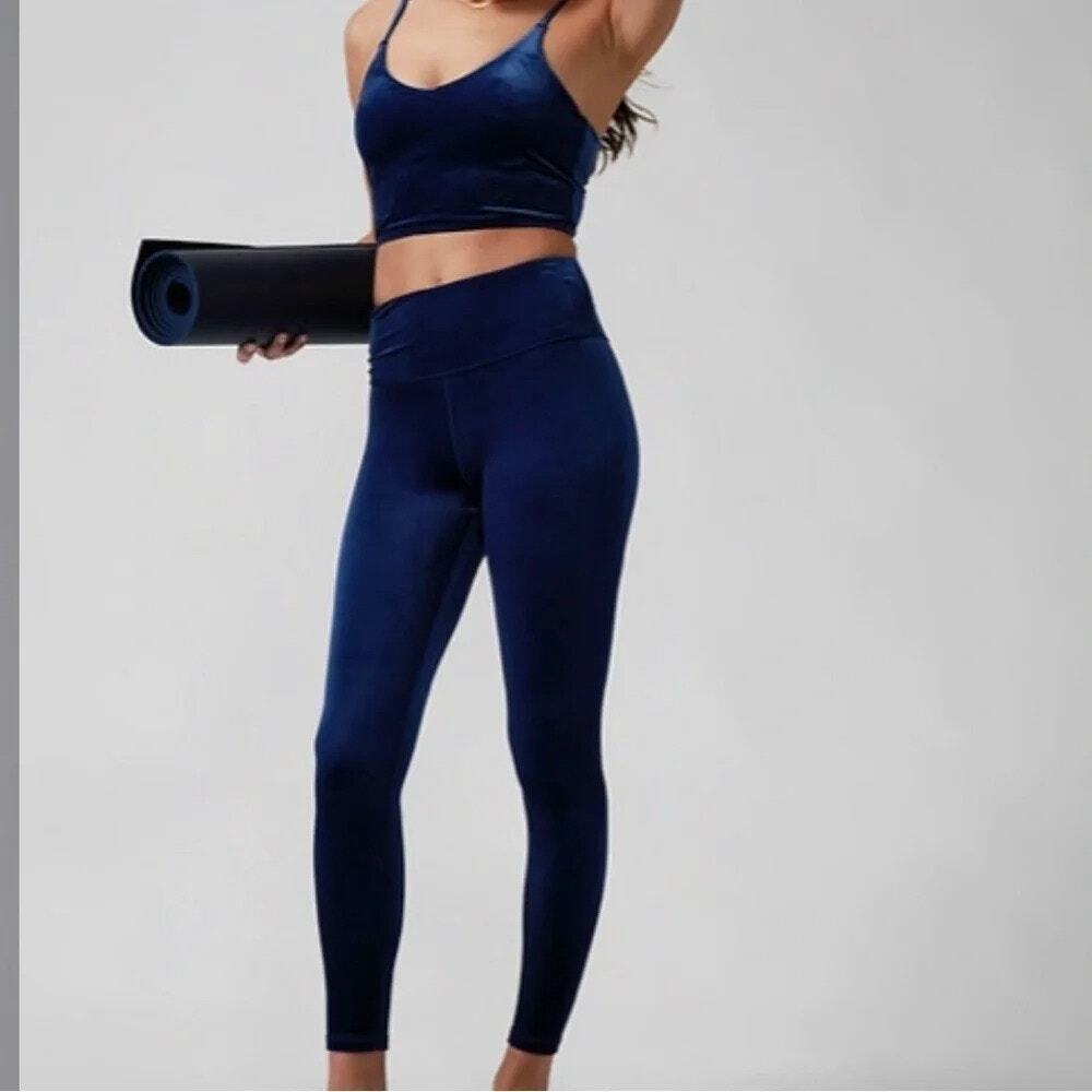 Athleta Blue Elation Velvet High Rise Athletic Yoga Athleisure Tight Leggings M
